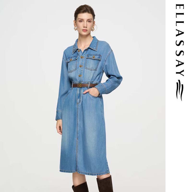 ELLASSAY Women's Lyocell Denim Waist-Cinching Long Sleeve Dress