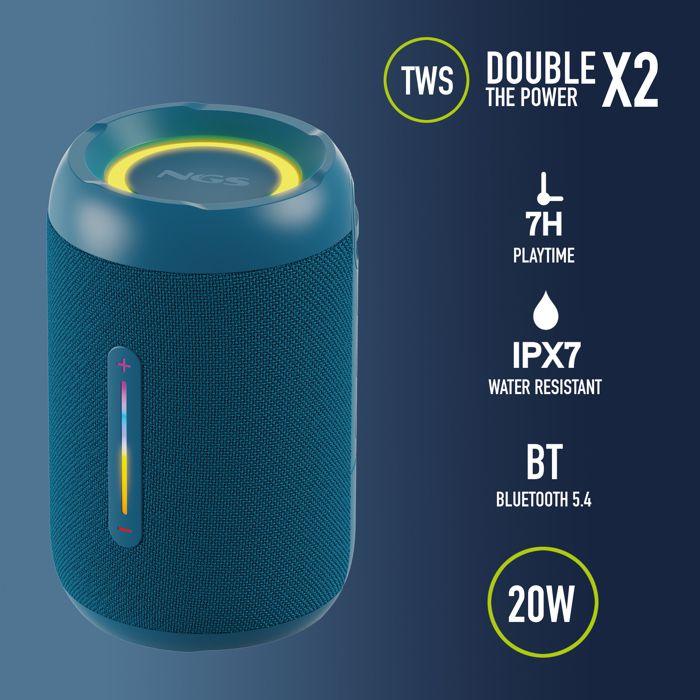 NGS ROLLER FURIA 2 BLUE: 20W IPX7 BT/TWS, AUX, batterie 7h.