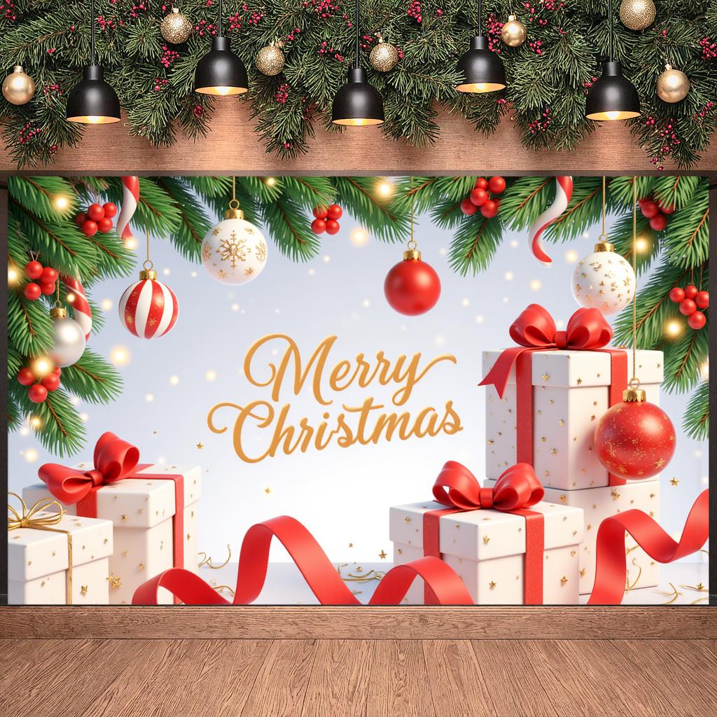 Baner na przyjęcie świąteczne ze złotymi akcentami, tło na wydarzenie, dekoracja świąteczna, gałązki choinkowe, świąteczny baner na wydarzenie sezonowe, do domu