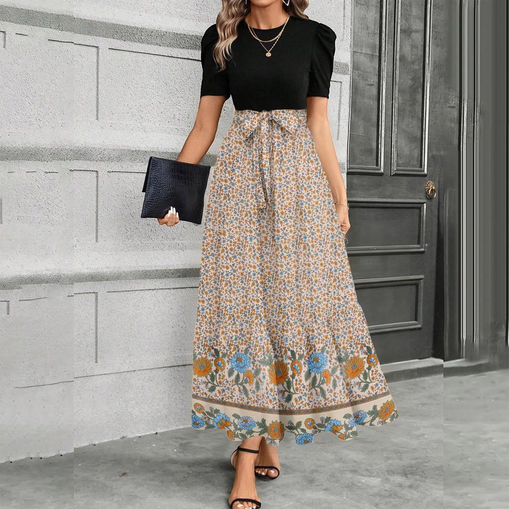 Short Sleeve Round Neck Maxi Dress with Floral Print High Waist Tie Belt Bohemian Style Casual Long Dress for Women