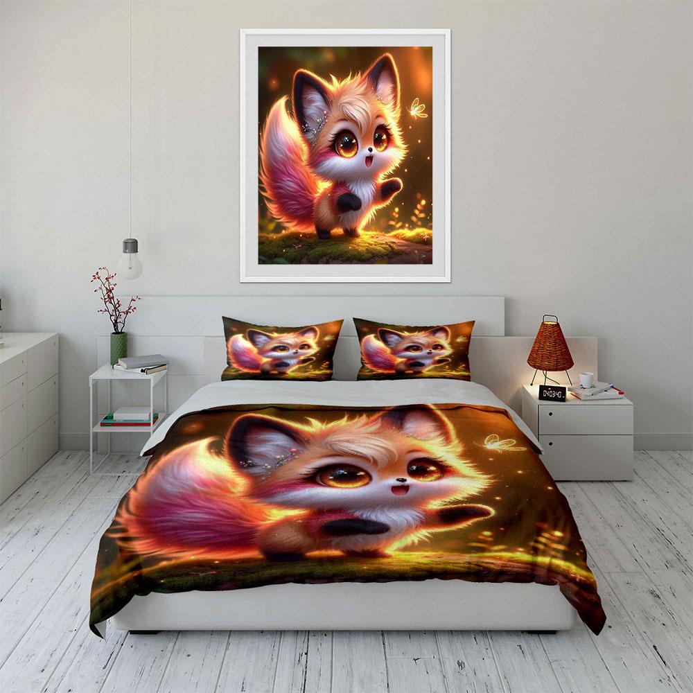 3Pcs Fantasy Woodland Cute Little Fox Duvet Cover Set With 3D Printing Design Soft Polyester Bedding Set All-Season Comfort