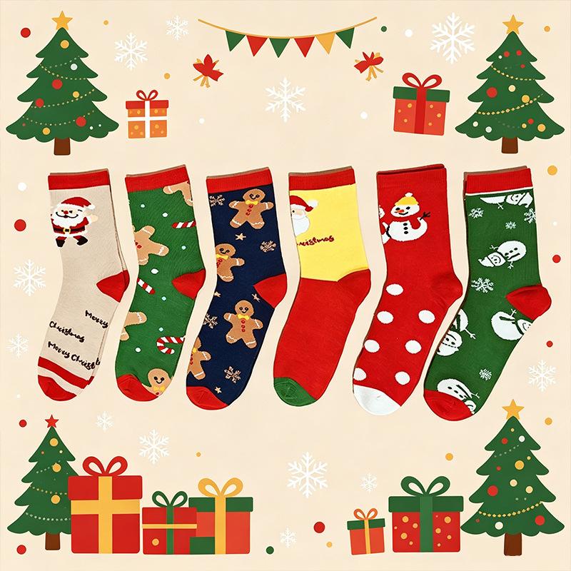 6 Pairs Xmas Holiday Crew Socks Festive Santa Claus Elk Pattern Soft Cotton Mid Calf Stockings Gift for Women Men Winter Warm Socks