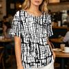 Women Henley Neck Printed Short Sleeve Cotton Linen Shirt with Front Pocket and Button Casual Fit Top