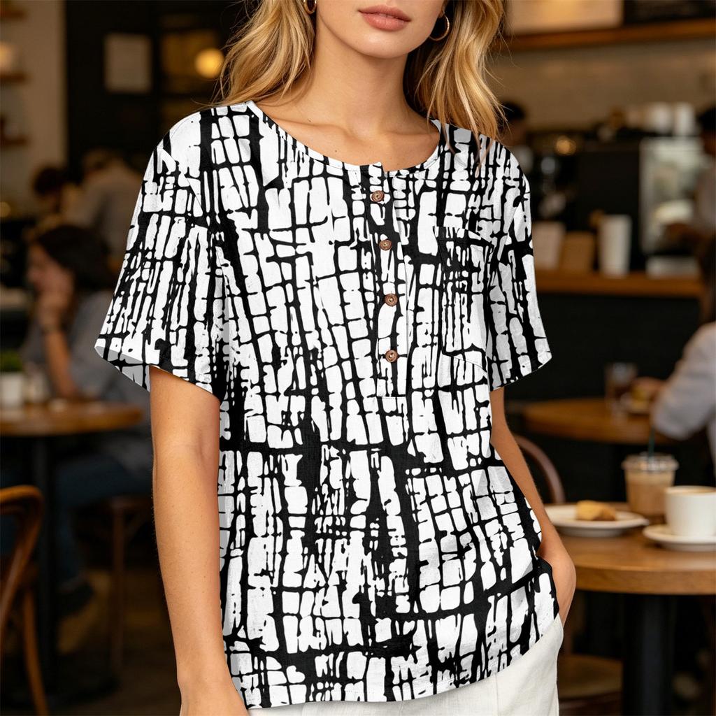 Women Henley Neck Printed Short Sleeve Cotton Linen Shirt with Front Pocket and Button Casual Fit Top