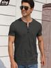 Men's Cotton T-shirt Fashion Button Design Breathable Solid Color Short-sleeved Henley Neck Tops Slim Fit Cozy Male Casual Tees