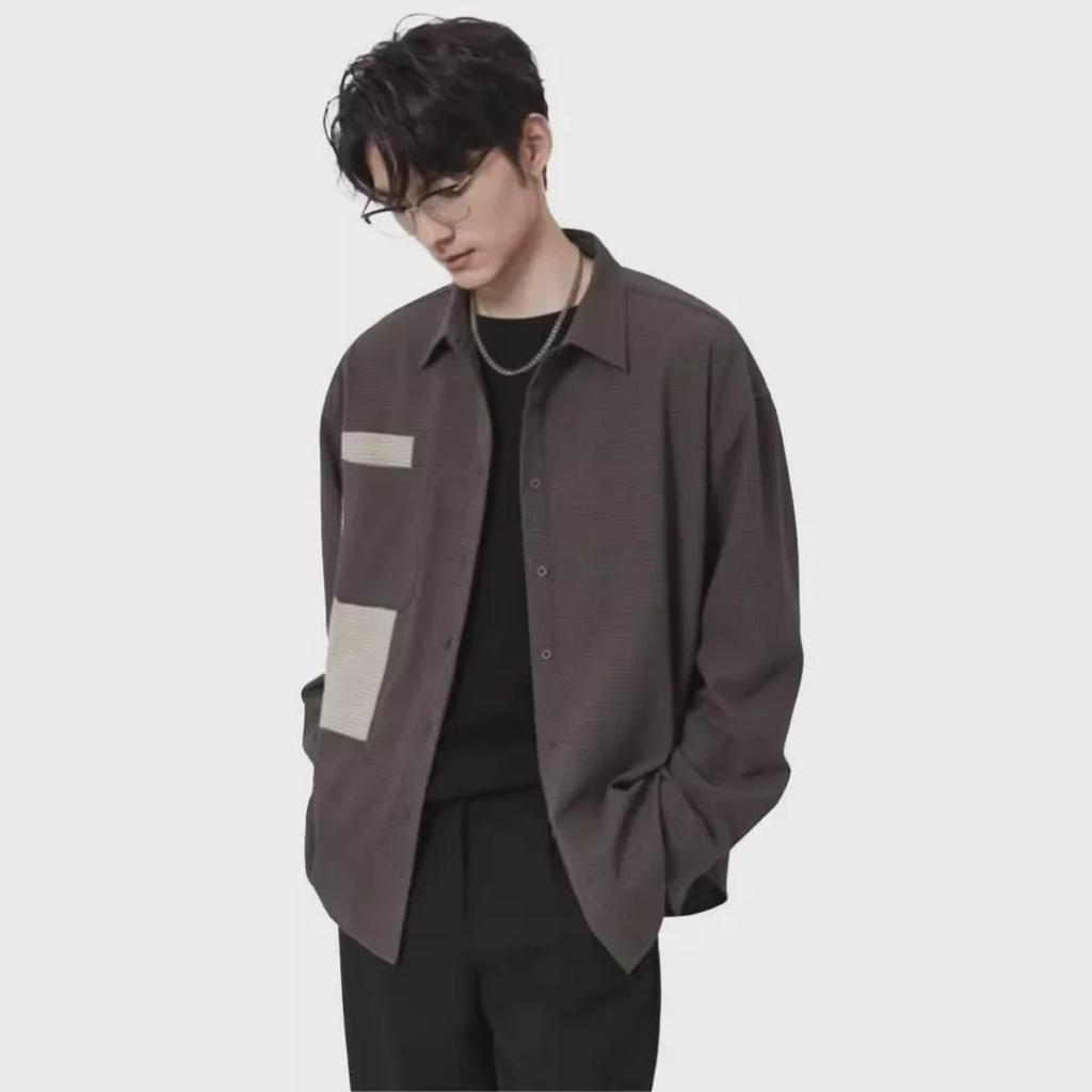 2024 Men's Casual Long-Sleeve Plaid Shirt, Korean-Style with Contrast Stitching for Spring and Autumn