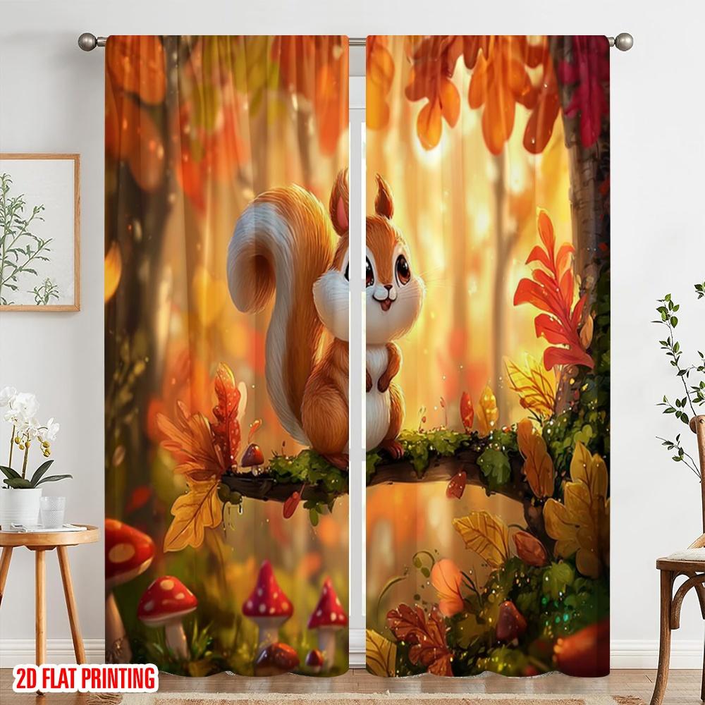 2pcs,2D Plane Printing Window Curtain Squirrel In Autumn Versatile Fabric (without Rod) All Seasons Use for Living Room & Office