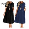 Women Dress Round Neck Short Sleeve Knee-Length Solid Color Dress with Pockets Loose Fit Summer Dress