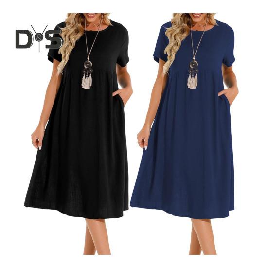 Women Dress Round Neck Short Sleeve Knee-Length Solid Color Dress with Pockets Loose Fit Summer Dress