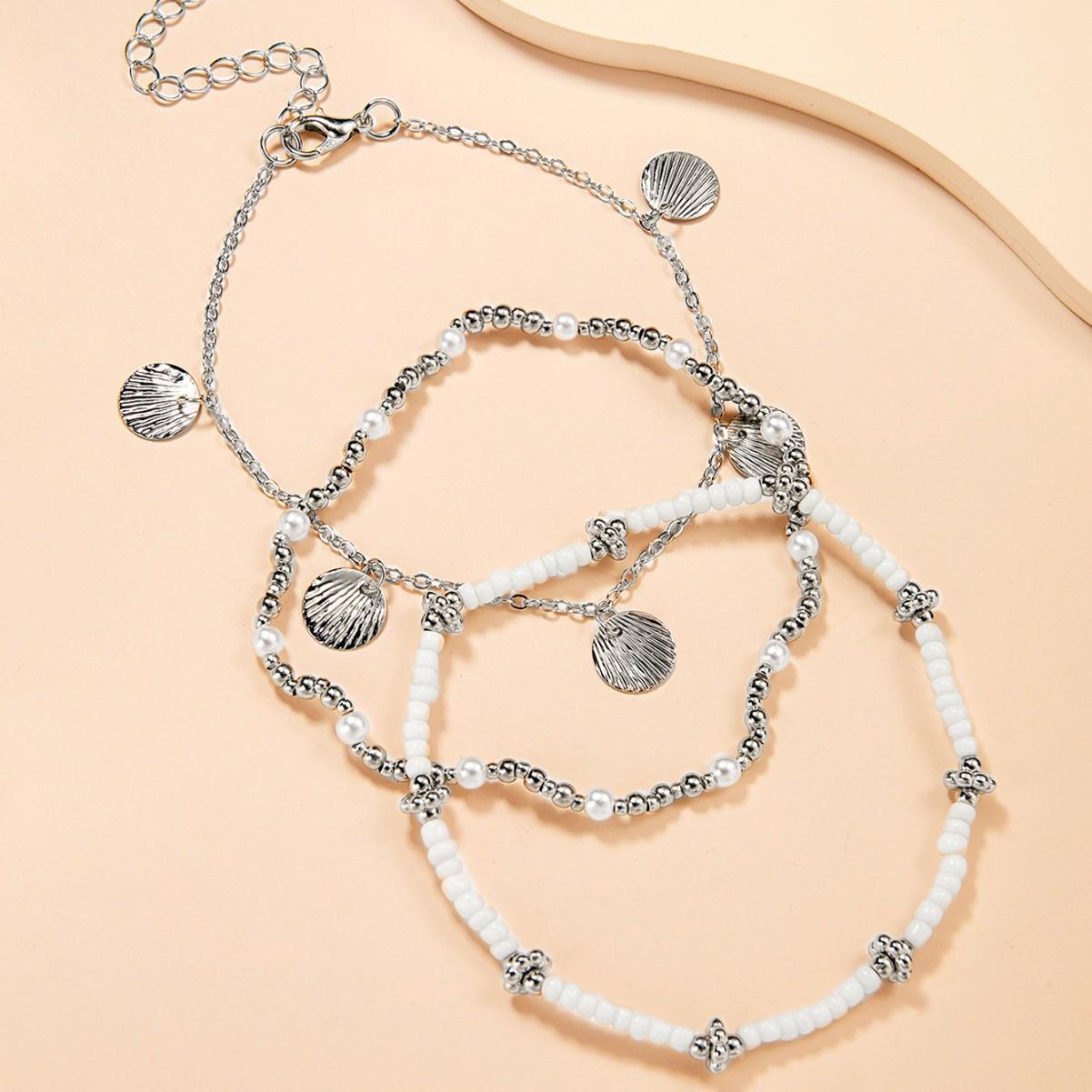 

Богемный эластичный набор браслетов на ногу из сплава с ракушками и жемчугом - Унисекс, 3 штуки Anklet