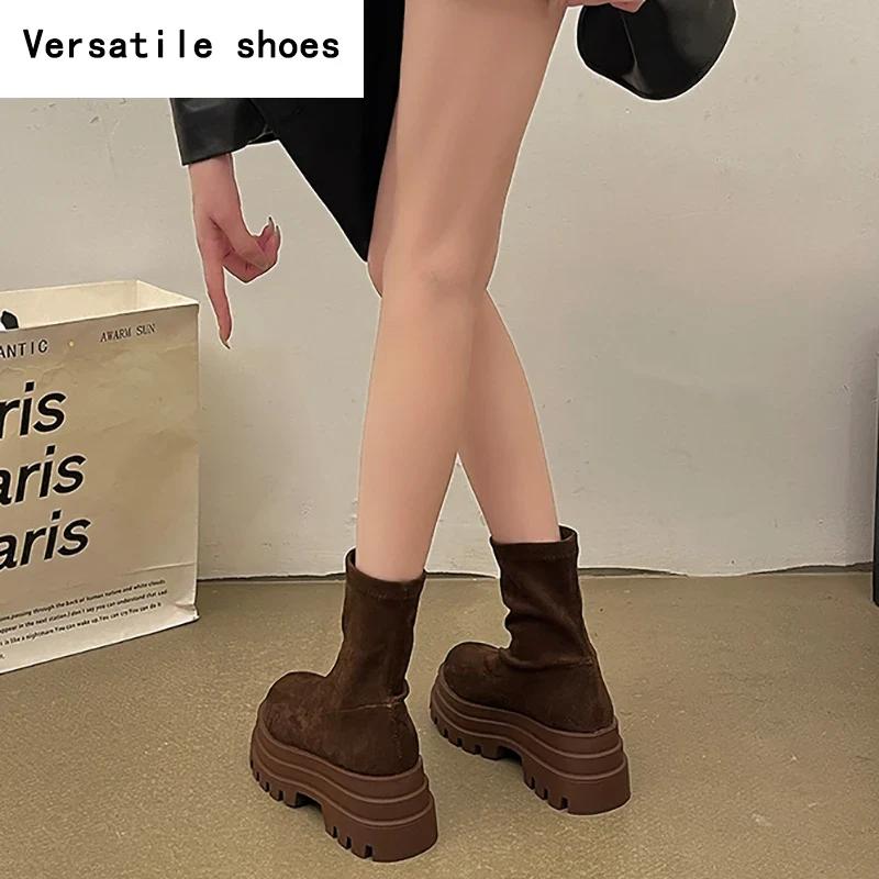Vintage Platform Increase Women Ankle Boots Fashion Slip On Shoes Autumn Winter British Style Ladies Elegant Short Booties