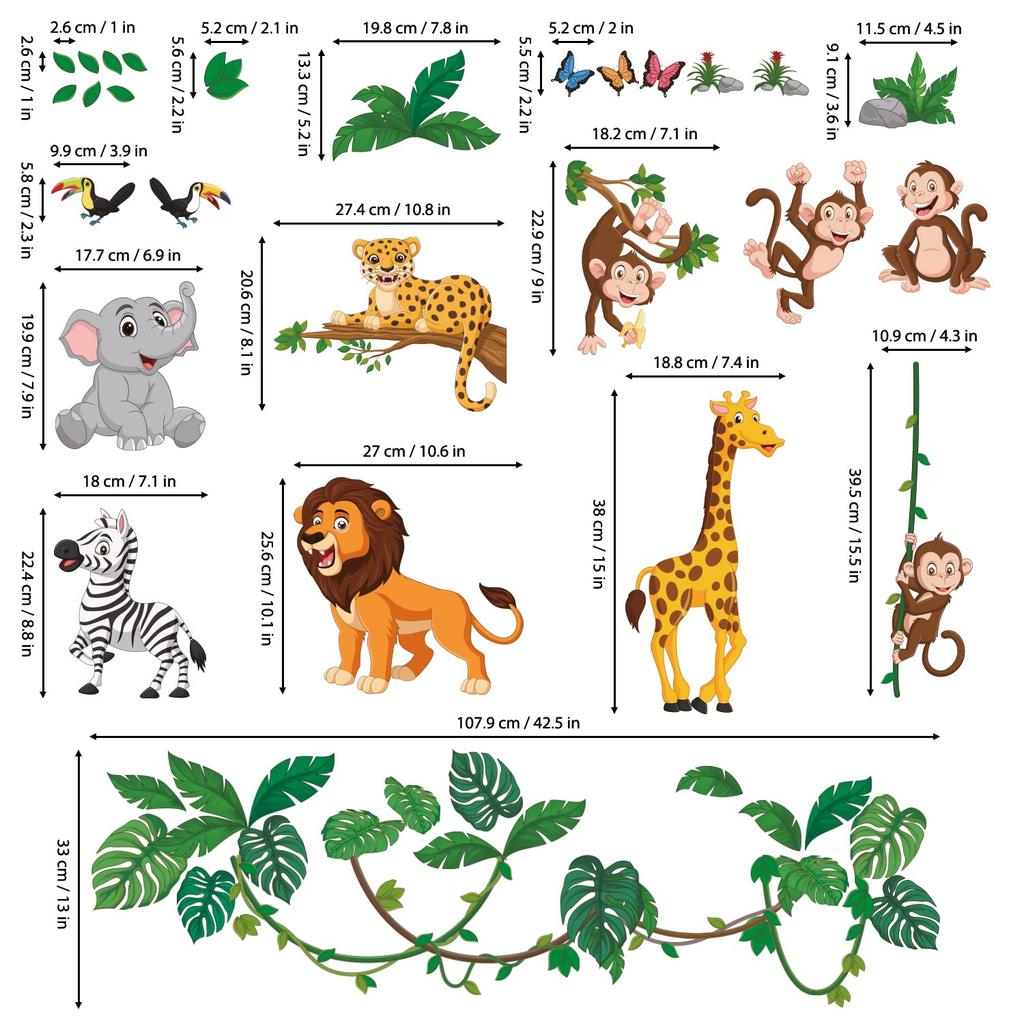 DECOWALL Jungle Animal Cartoon Wall Stickers for Kids Wall Transfer Wall Art Stickers for Bathroom Room Living Nordic Style DS12-8069 Kindergarten,