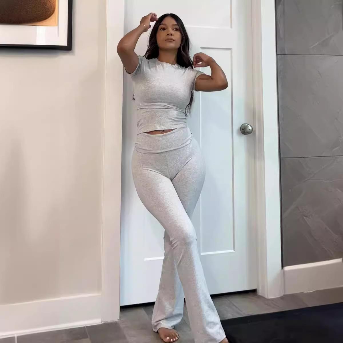 Ранняя осень женская мода ретро с короткими рукавами топ брюки шикарный костюм из двух — фото 3