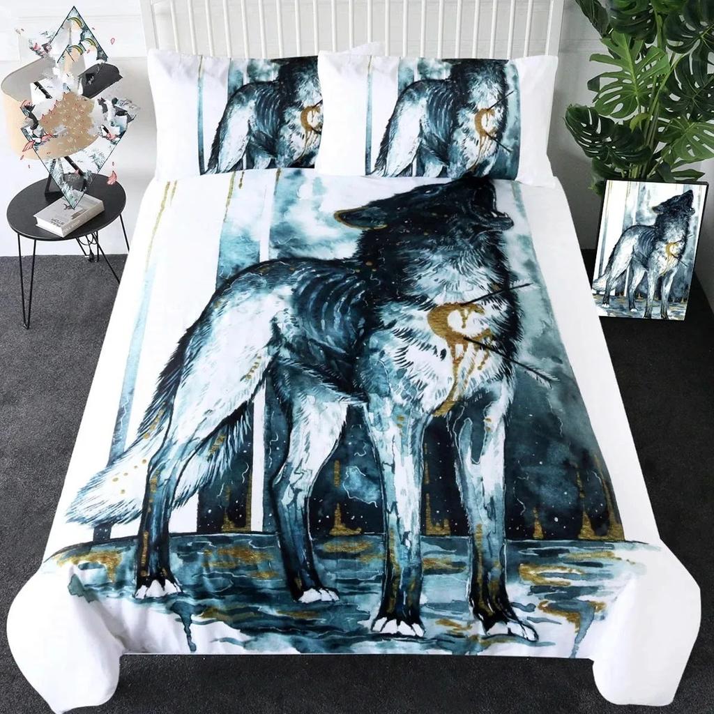 Moon Child Black Cold Art Moon Fox Duvet Cover Set Moon and Stars Bedding Set Black and White Fox Comforter Cover for Girl Boy