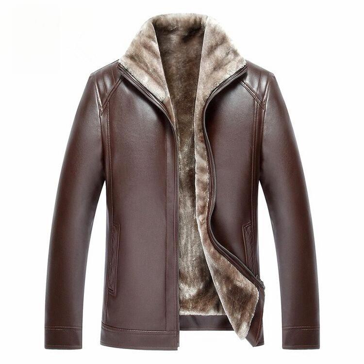 Winter Style Fur-coated Men's Business Casual PU Leather Jacket and Coat for Middle-aged and Elderly People