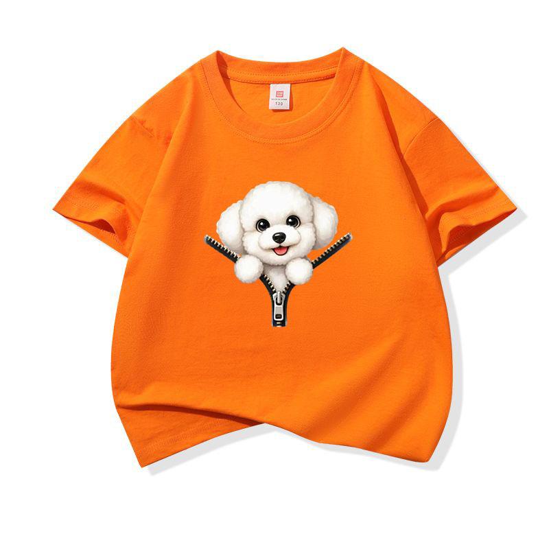 Kids Cotton T Shirt Cute Bichon Frise Puppy Dog Zipper Print Crew Neck Short Sleeve Tee Casual Boys Girls Summer Tops