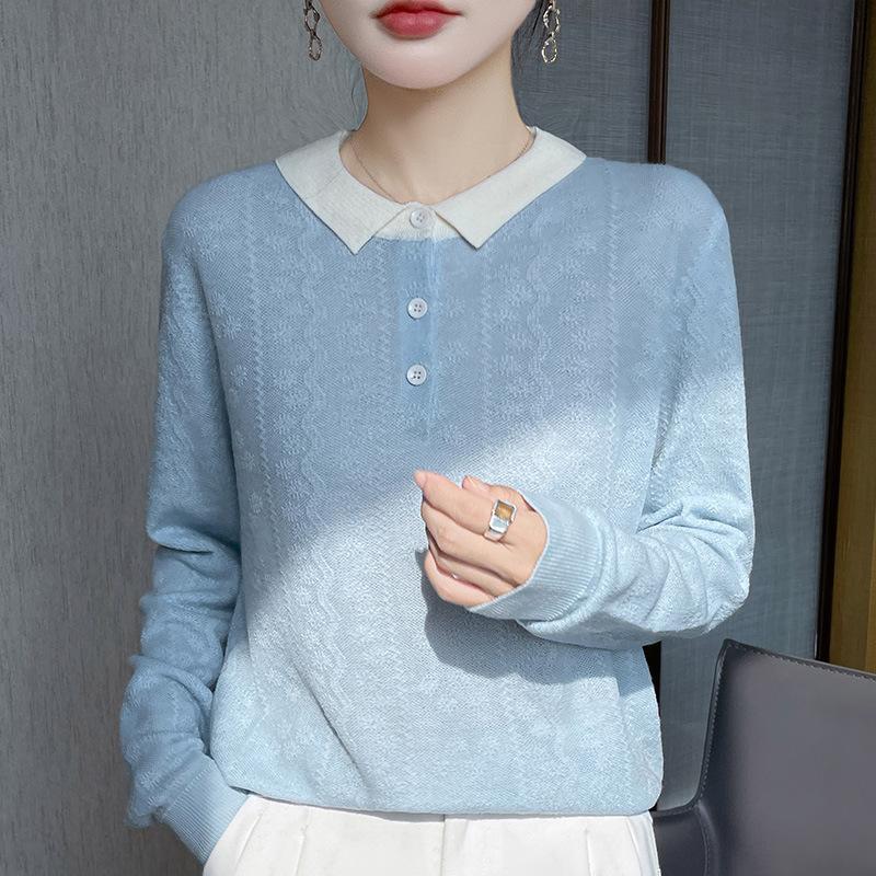 POLO Collar Knitted Sweater Long-sleeved Women's Color-blocked Jacquard Pullover Base Layer Top Early Autumn New Style