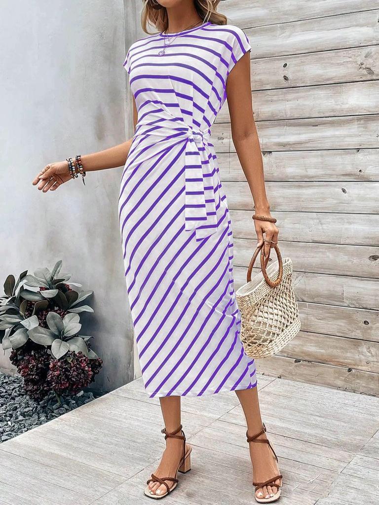 2025 Elegant Striped Short Sleeve Round Neck Waist Tie Summer Dress for Women
