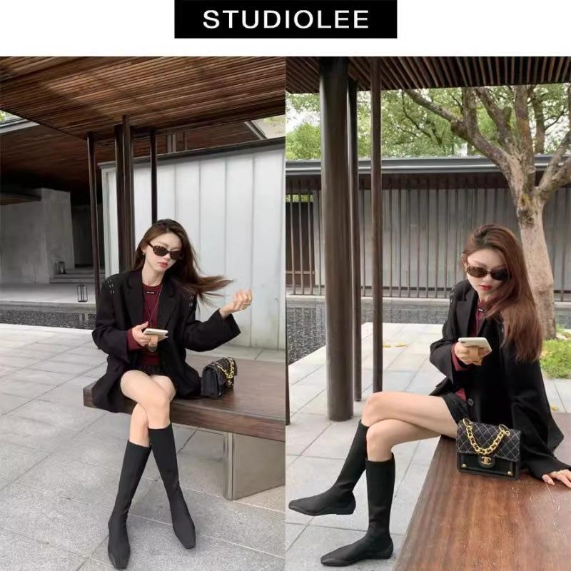 Sheepskin Square Head Tall Boots Women's Knight Boots Flat Bottom Boots Elastic Boots Socks Boots Stacking Boots