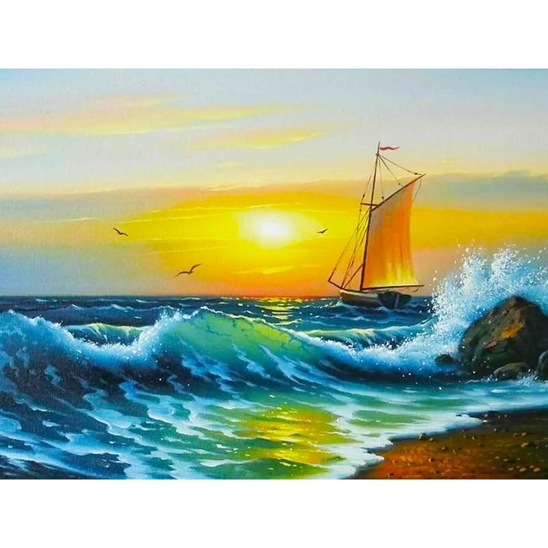 New 5D DIY Diamond Painting Sea View Diamond Embroidery Sailboat Cross Stitch Full Round Drill Home Decor Manual Art Gift