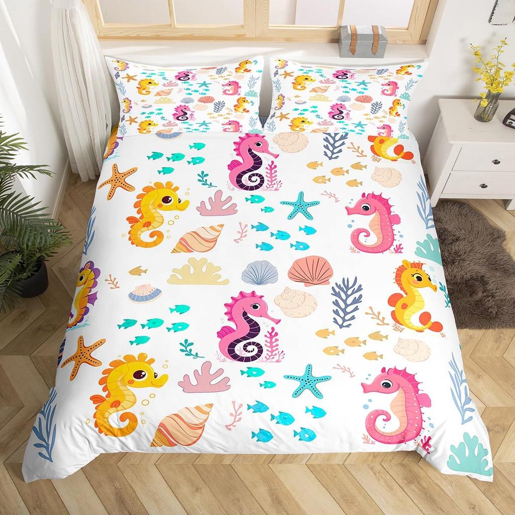 Seahorse Duvet Cover Sets For Kids Teens Queen Lightweight Bedding Sets Ocean Animal Bedspread Covers Bedroom Decor No Comforter