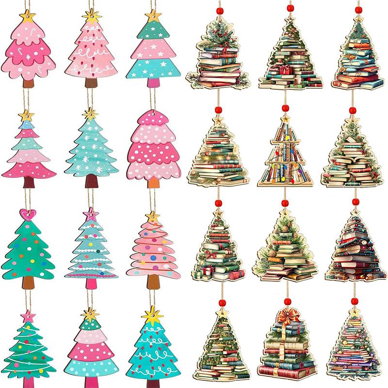 12PCS Book Pendant Colorful Multi-element Christmas Tree Decoration Suspension Rope Exquisite Wooden Gift Holiday
