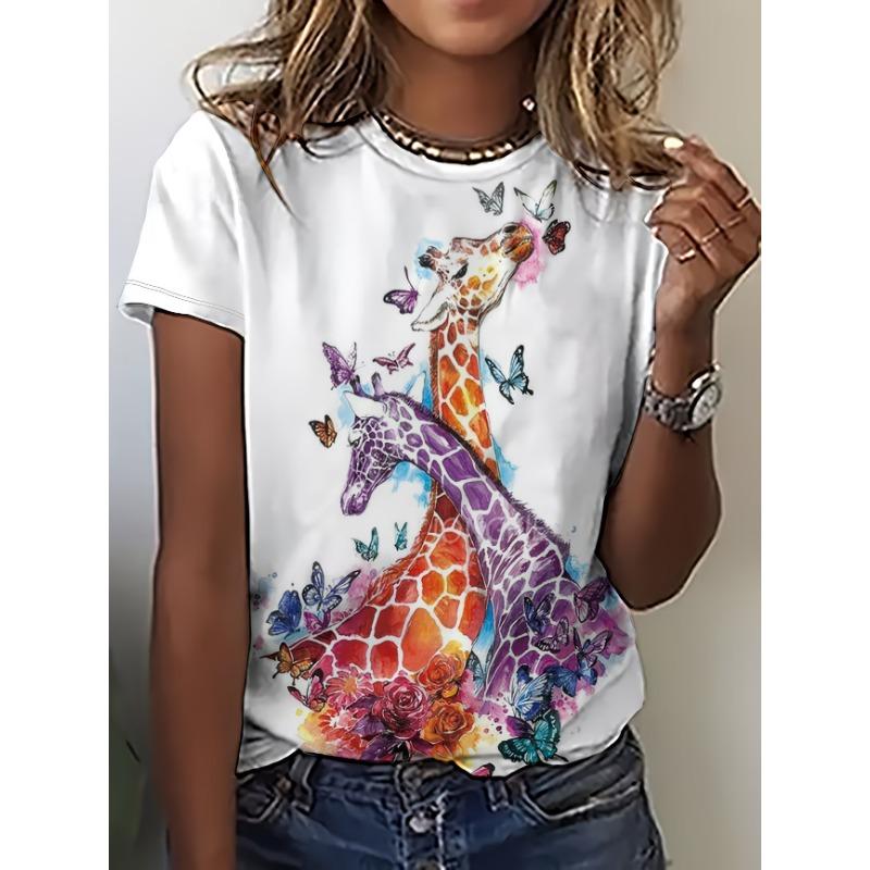 Crew Neck Short Sleeve Watercolor Giraffe Floral Print T Shirt Women's Outfits Casual Daily Wear Summer Lady Clothes