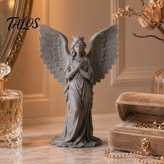 Crown Angel Ornament 3D Printed Figurine, Vintage Guardian Angle Statue, Miniature for Display Artistic Winged Women Sculpture Home Tabletop
