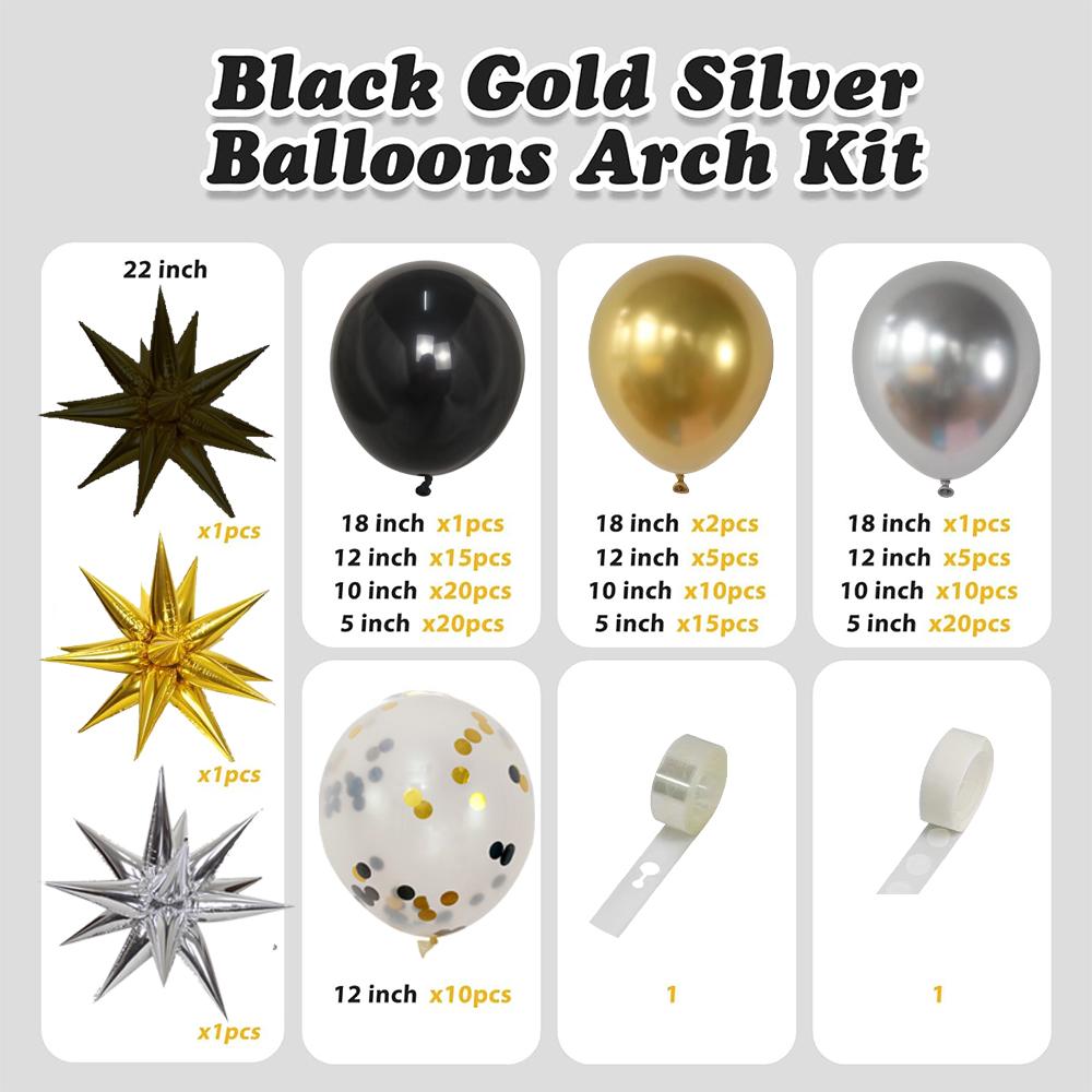 

139 Pcs Silver Black Gold Balloon Set with Burst Star Balloons for Wedding, New Year , Birthday Large Decoration Support as the picture