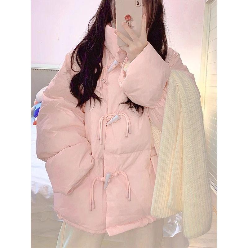 Fashionable Horn Button Winter Coat with Thickened Cotton for Women