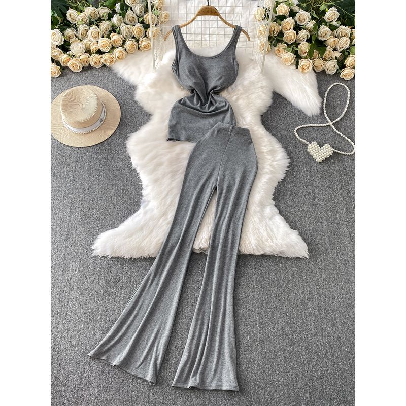 Gyaru Style Sleeveless Cami with Chest Padding Design Sense Pleat Waist Hugging Top + High Waist Slimming Trumpet pants Two-piece Set