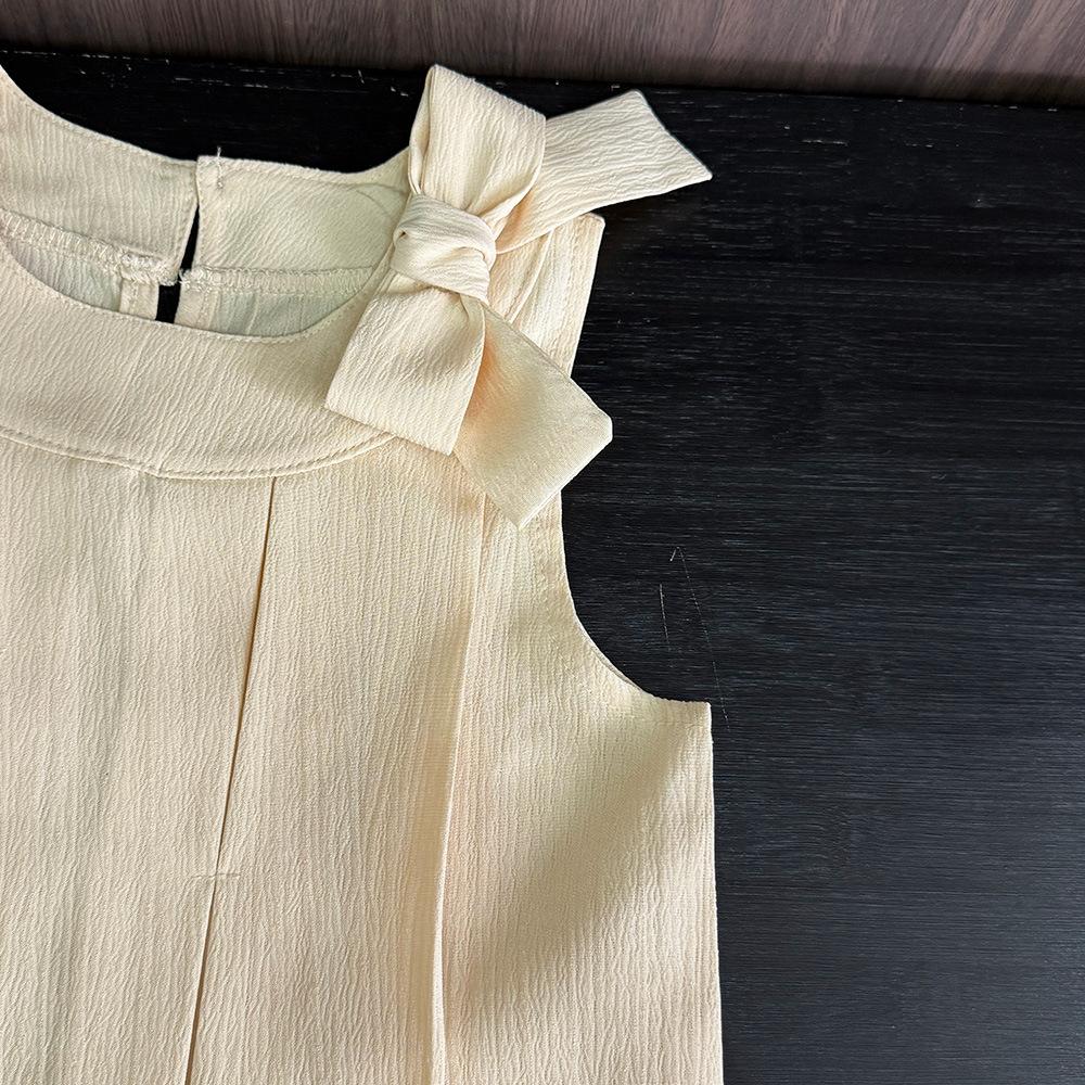 Girls' Outfit Solid Color New Korean Style Bow Pleated Sleeveless Top Shorts Two-Piece Set for Young Girls Summer Children's Clothing