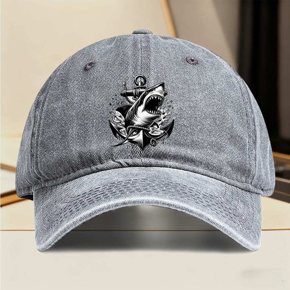 Shark Anchor Print Baseball Cap Vintage Washed Adjustable Snapback Hat Streetwear for Men Women