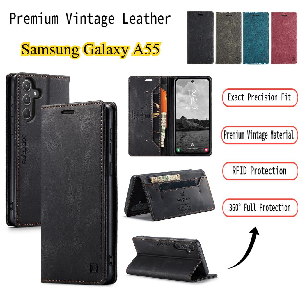 Premium Vintage Leather Wallet Case for Samsung Galaxy A55 - RFID Protection Flip Cover with Card Slots, Shockproof Retro Style (4 Colors)