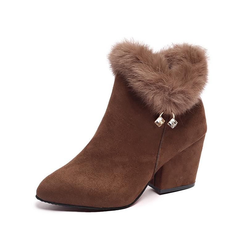 Women's Winter Furry Pointed Toe Chunky Heel Ankle Boots Mid Heel Fashion Warm Plush Short Boots Comfortable Casual Booties
