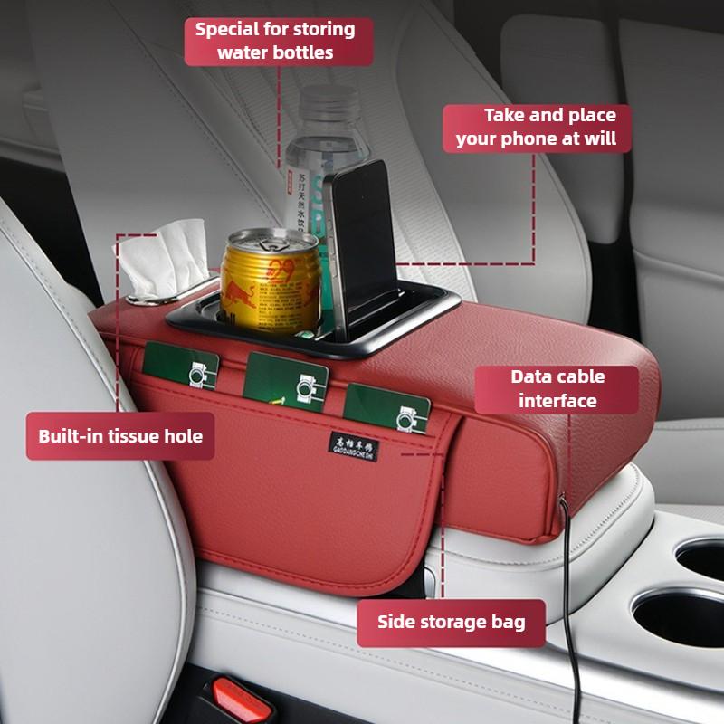 Multi-Function Car Armrest Box with USB Port - Storage Booster Pad Center Console Tissue Box And Water Cup Holder for Vehicle