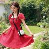 French Red Sweet Plaid Dress Women's Summer 2026 New Square Neck Bubble Sleeve Waist Thin Sweet Skirt