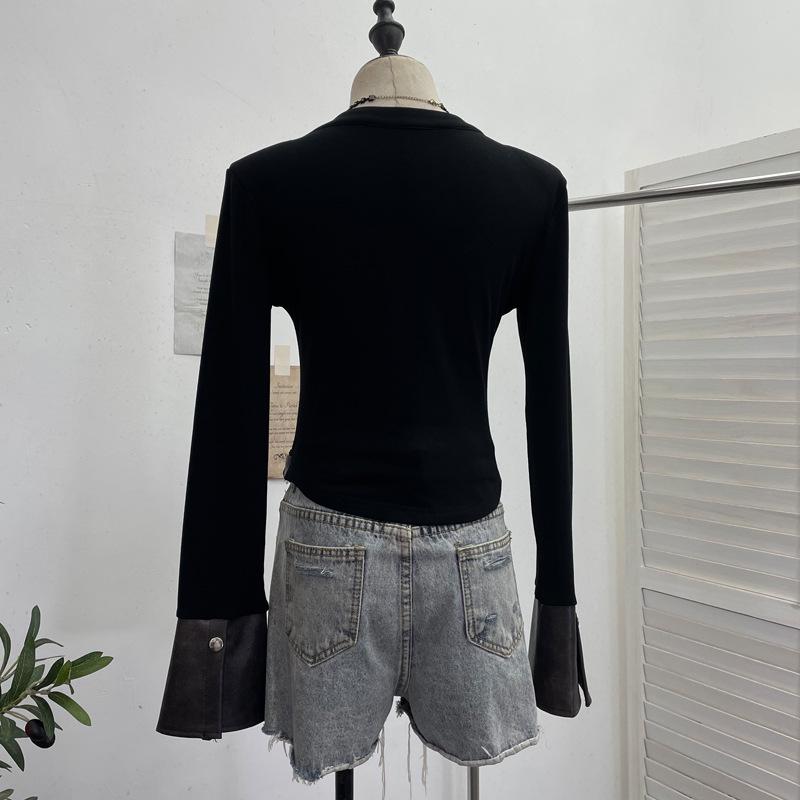 Herbst PU-Leder Patchwork Langarm Reißverschluss Strickjacke Fleece Oberteil 2797