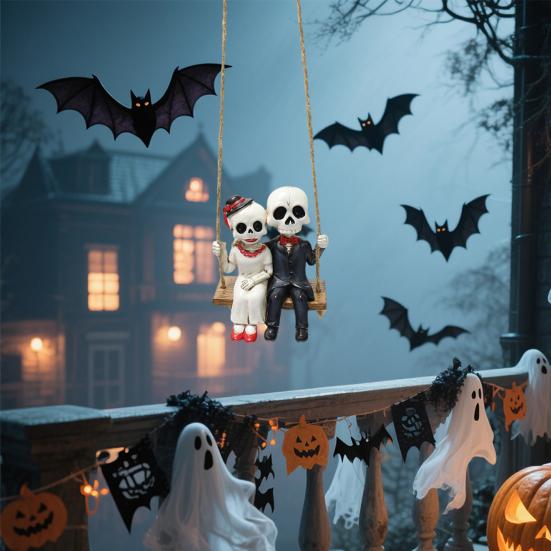 Skeleton Couple Figurine Swing Skeleton Hanging Decoration Gothic Car Rearview Mirror Pendant for Home Halloween Party Decor