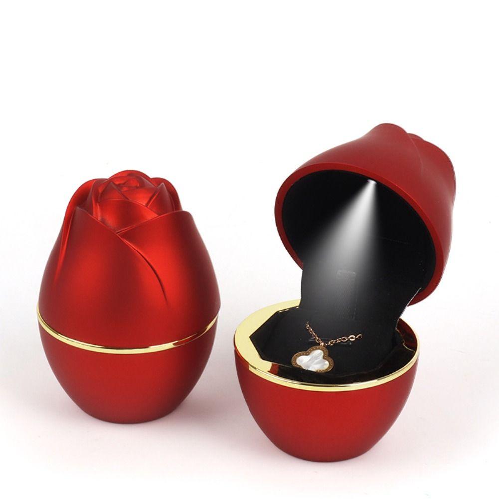 Mit LED-Leuchten LED-Ringe Box Rosenform Schmuckring-Etui Tragbare Halskettenbox für Valentinstag