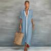 Women's Color Block Loose Cotton Linen Shirt Dress - European & American Fashion 2026