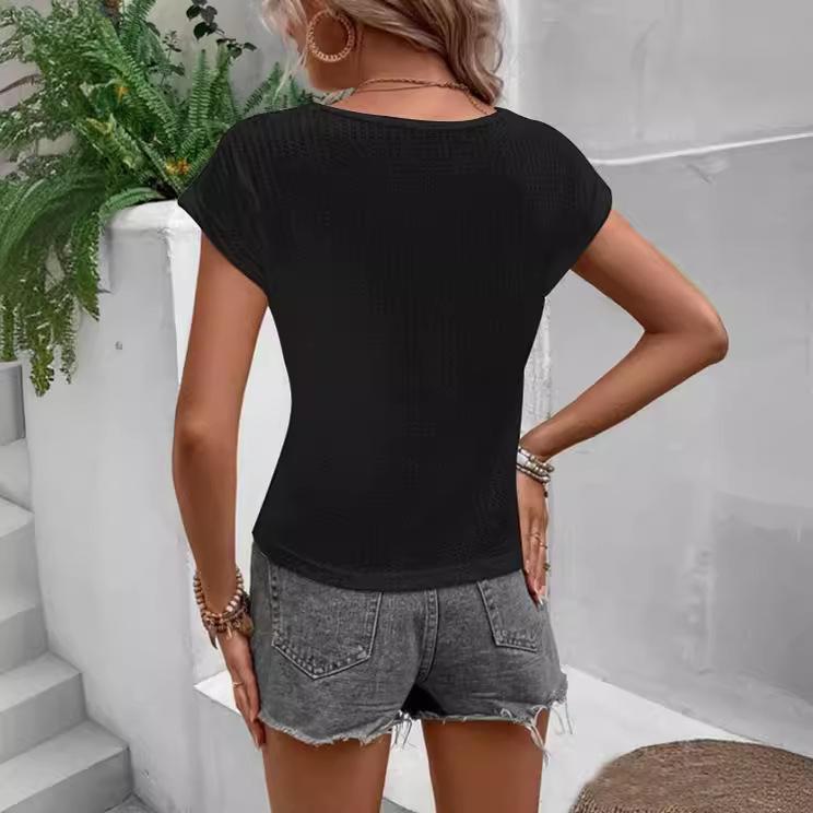 Summer Women's T-Shirt Solid Colour V Neck Lace Trimmed T-Shirt