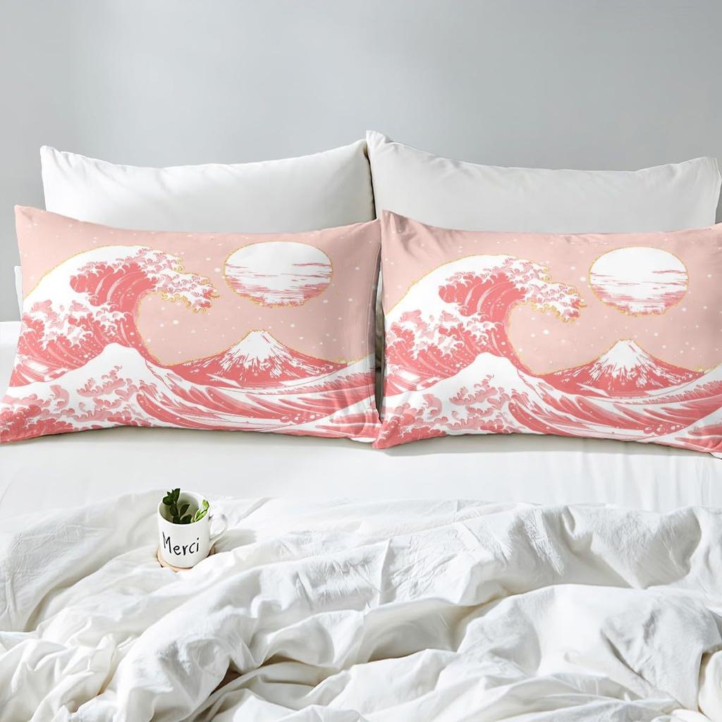 Japanese-Style Pink Wave Three-Piece Quilt Cover Digital Printing Bedding Set Bed Cover