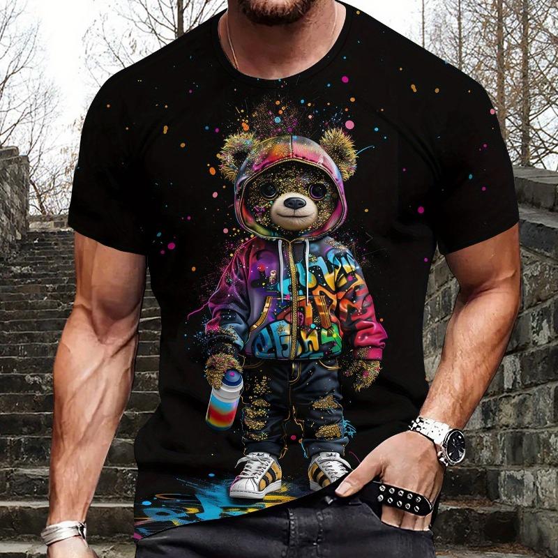 2025 European and American Summer New Men's T-shirt Geometric 3D Printing Casual Short Sleeve Bear Printing