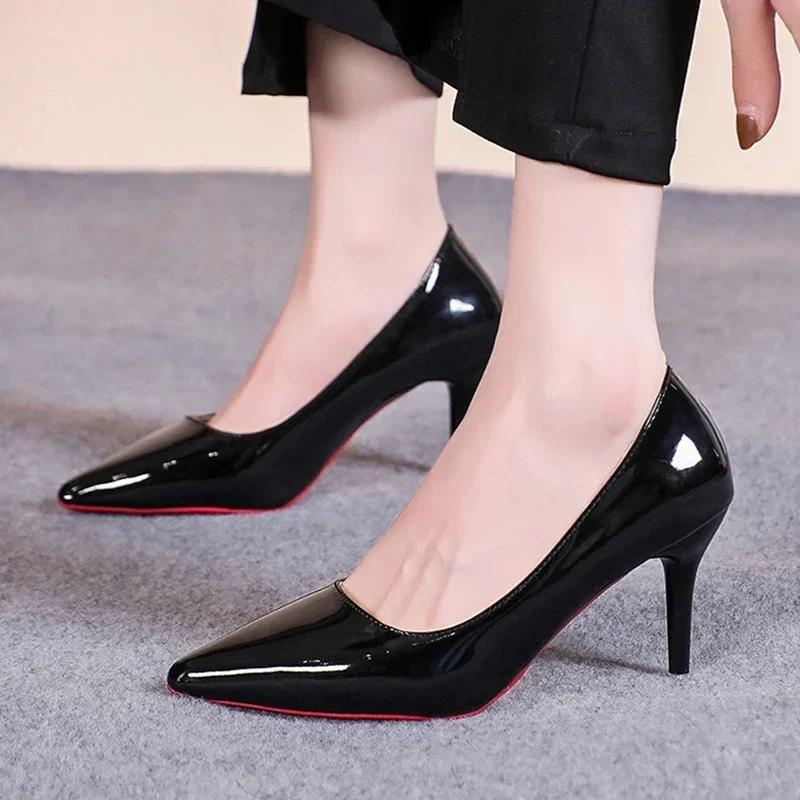 Fashion Classic Black Stiletto Heels Pumps Women 2024 Spring Patent Leather Office Shoes Woman Plus Size 43 Pointed Toe High Heels Shoes