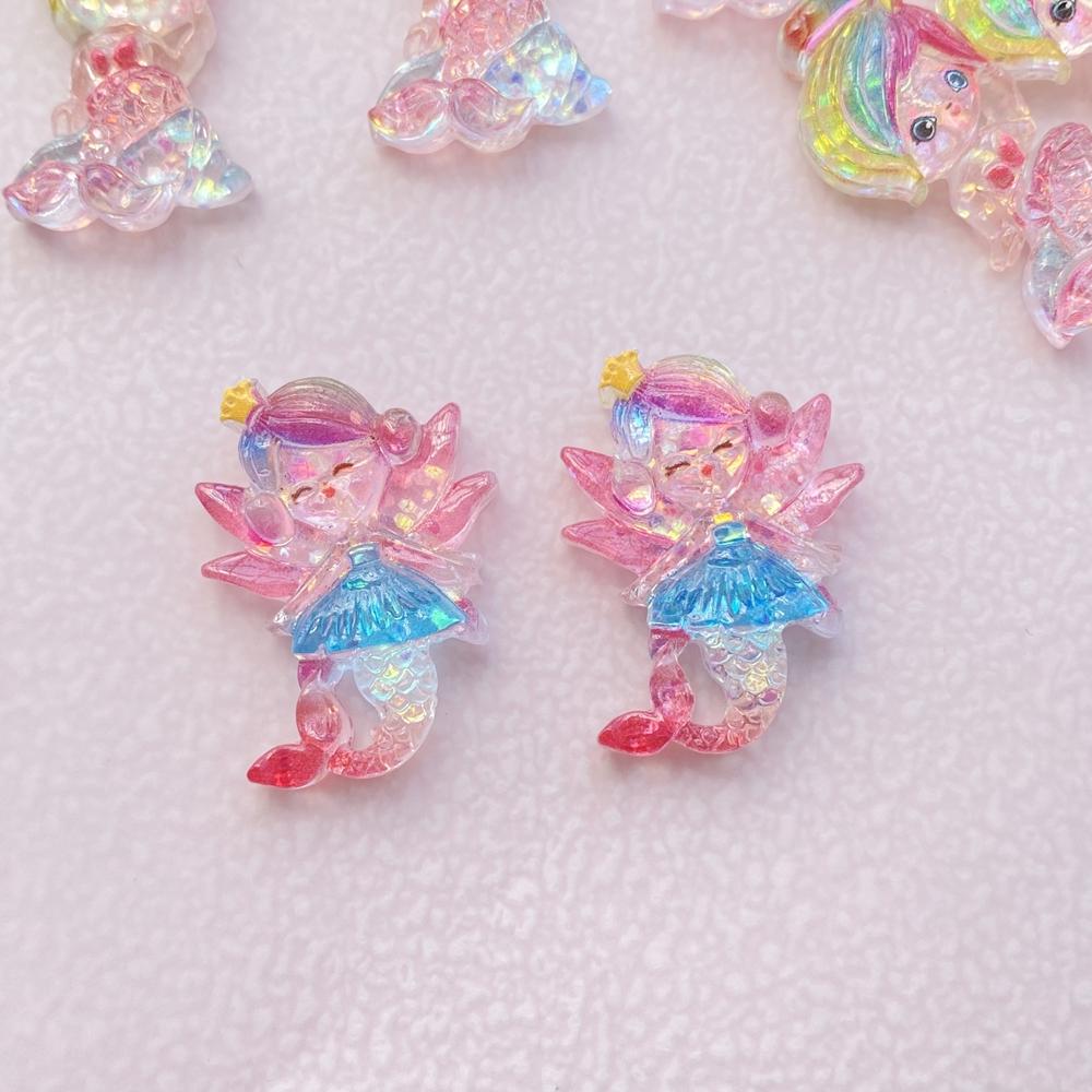 10 PCS Shiny Colorful Cartoon Mermaid Princess Girl Resin Scrapbook DIY Jewelry Hairpin Headrope Decoration Crafts