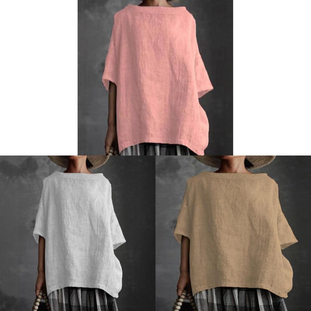 T-shirt estiva in cotone e lino con scollo rotondo e vestibilità ampia per donna
