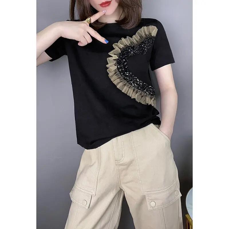 Women Summer Simple Patchwork Sequined Gauze T Shirts O-neck Short Sleeve Tops