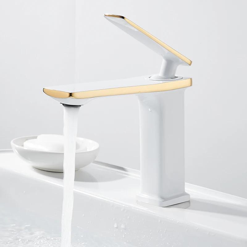 Bateria umywalkowa łazienkowa - Biała/Złota/Czarna/Chromowana Mosiądz, Montowana na blacie Jednouchwytowa, Natrysk Ciepła/Zimna