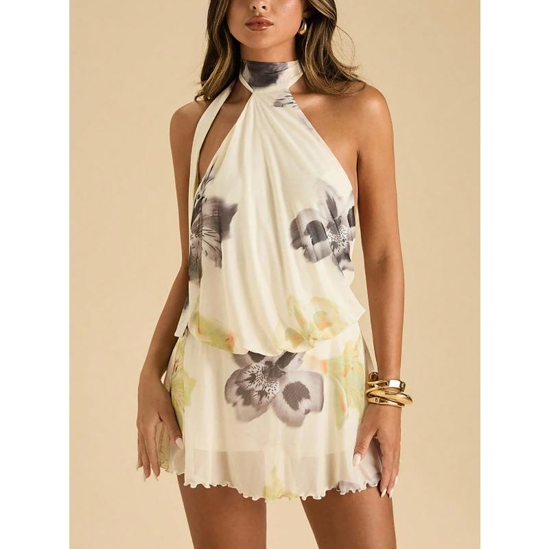 European and American temperament women's clothing polka dot sleeveless neck waist dress sexy backless mini mesh skirt